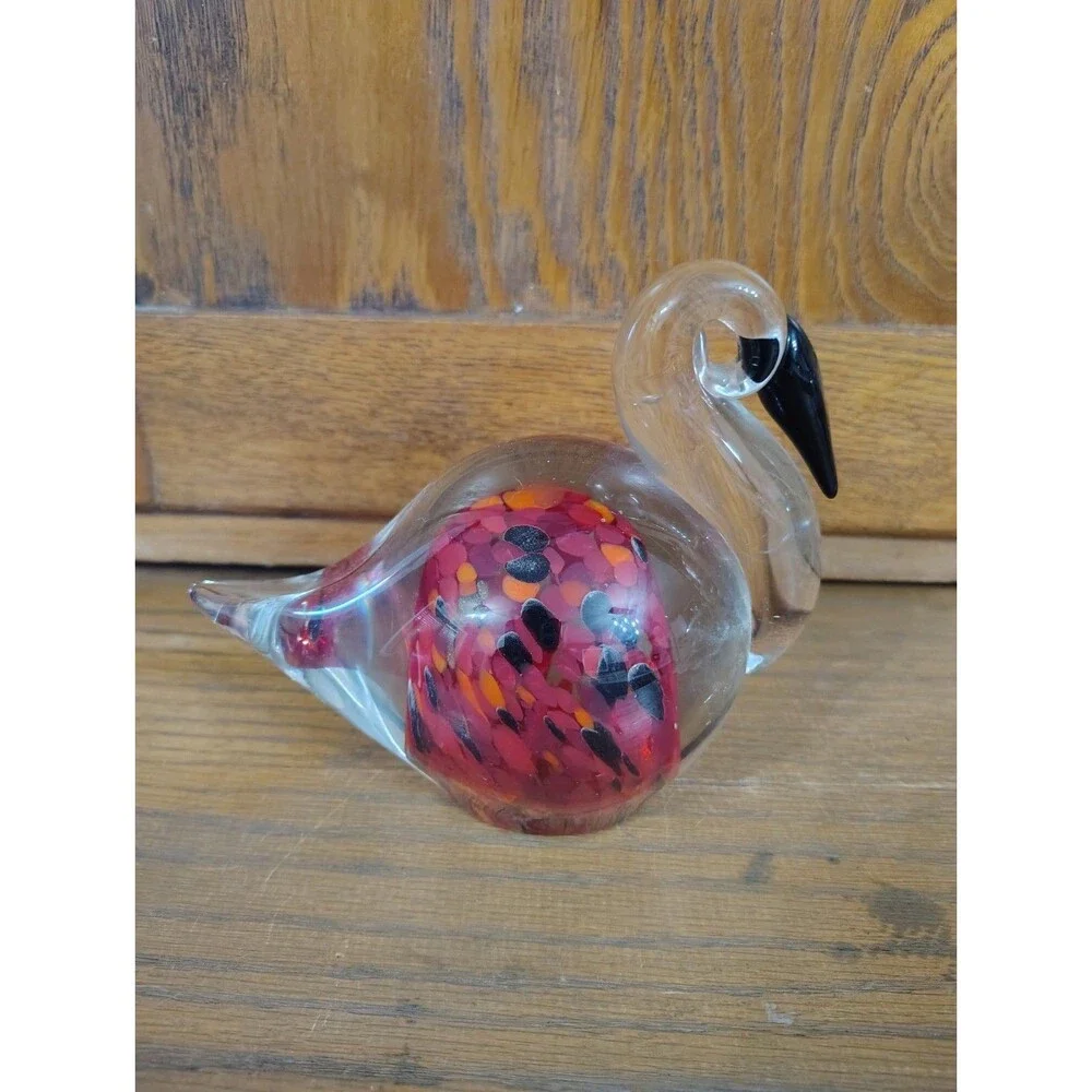 ART GLASS PELICAN PAPERWEIGHT FIGURINE MULTI RED